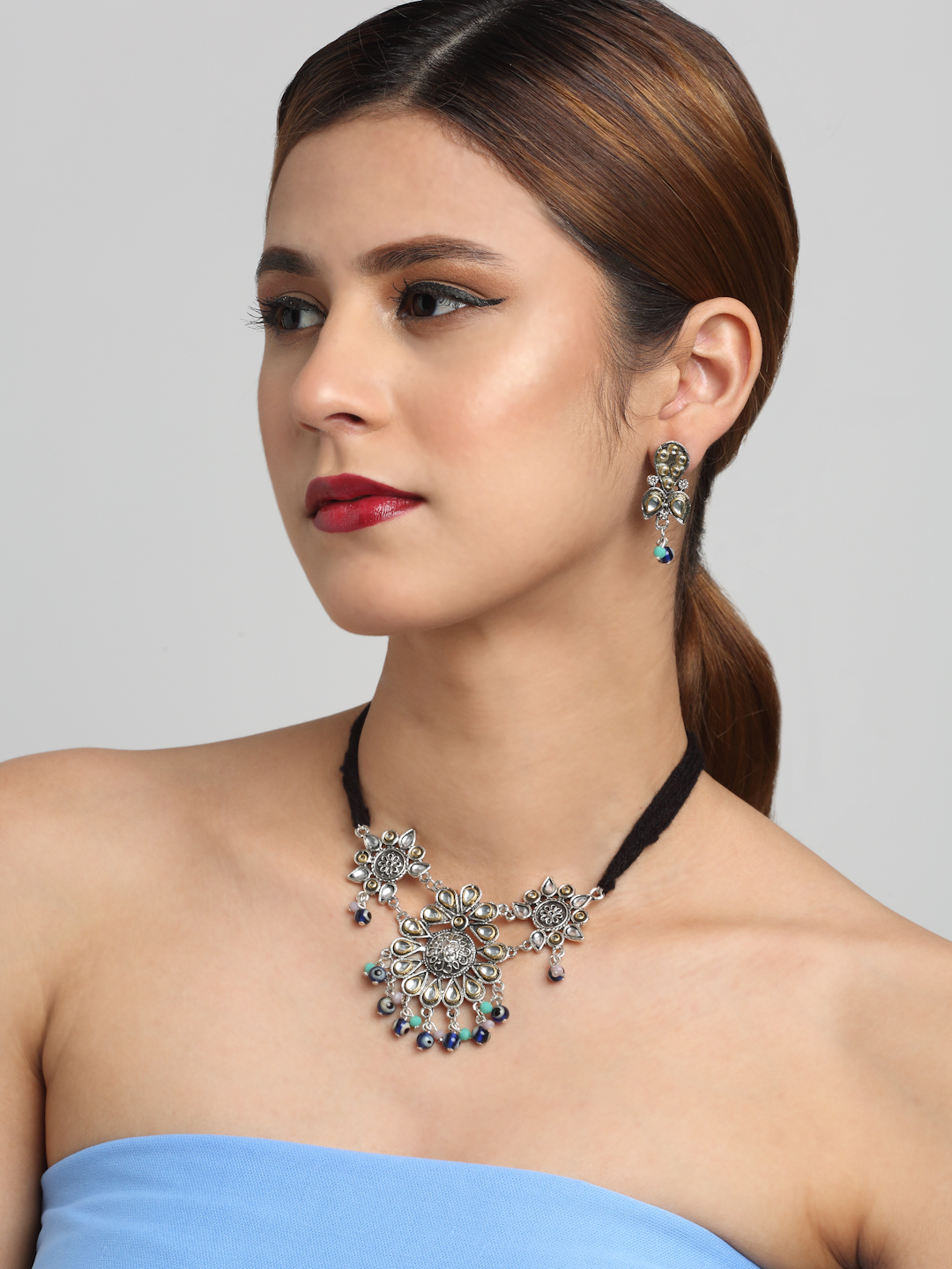 YouBella Jewellery Oxidised Silver Necklace Jewellery Set with Earrings for Girls and Women (Silver) (YBNK_50517)
